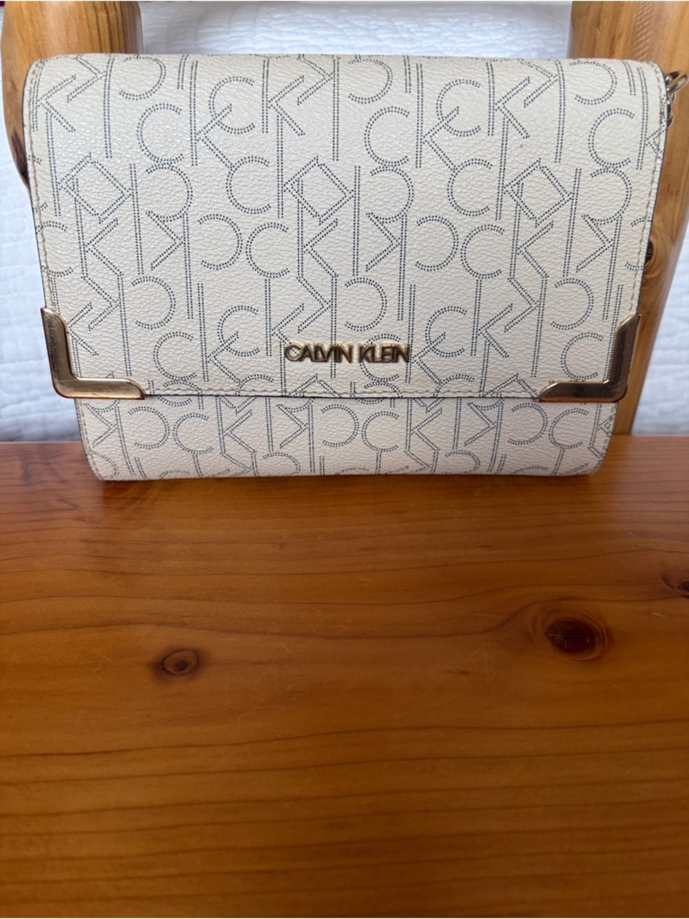 Calvin Klein Cream Monogram Crossbody Bag with Gold Hardware